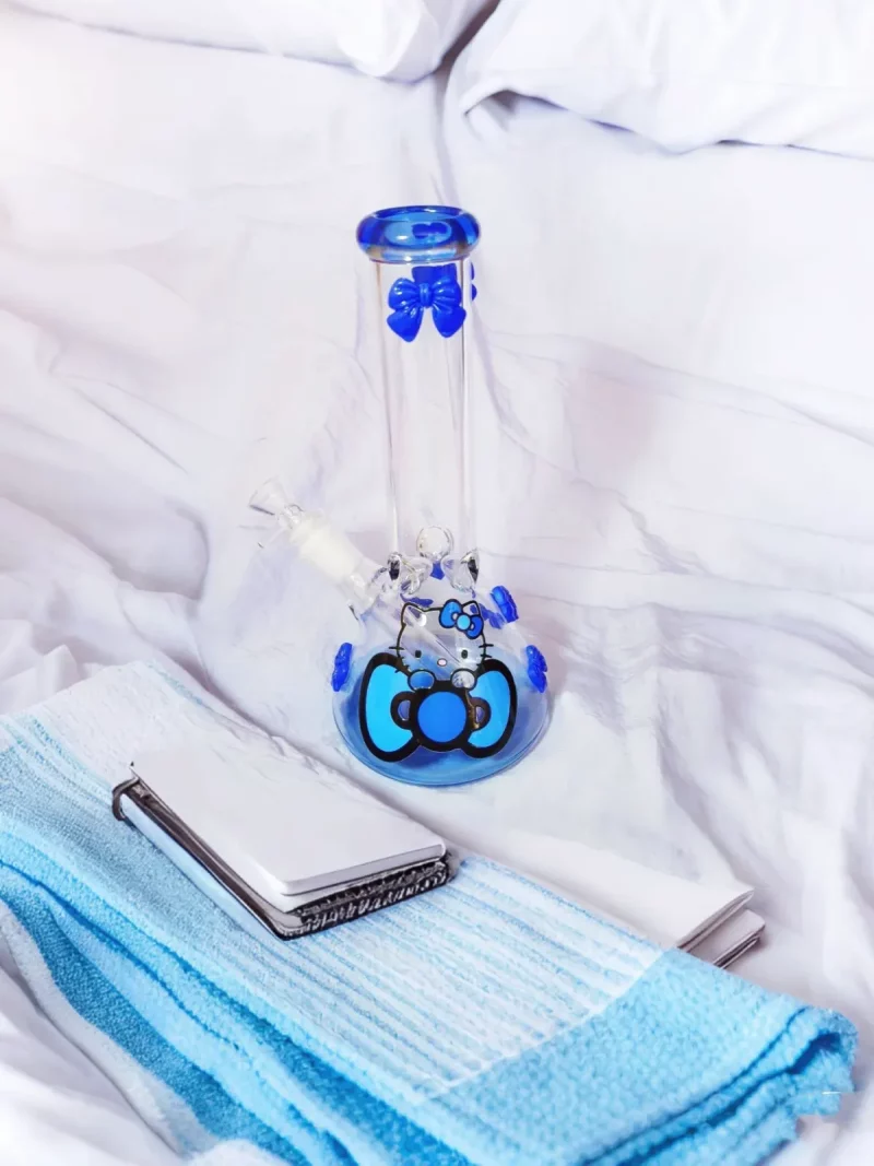 9.5″ Blue Hello Kitty Glass Beaker Bong with Bow Accents