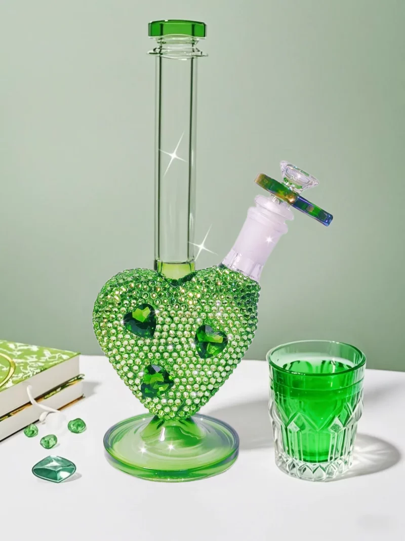 9.5″ Bling Green Heart Glass Bong with Sparkling Crystal Rhinestones