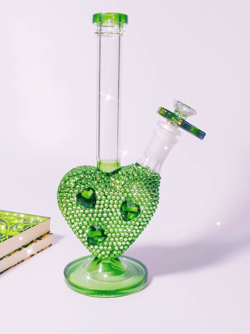 9.5″ Bling Green Heart Glass Bong with Sparkling Crystal Rhinestones