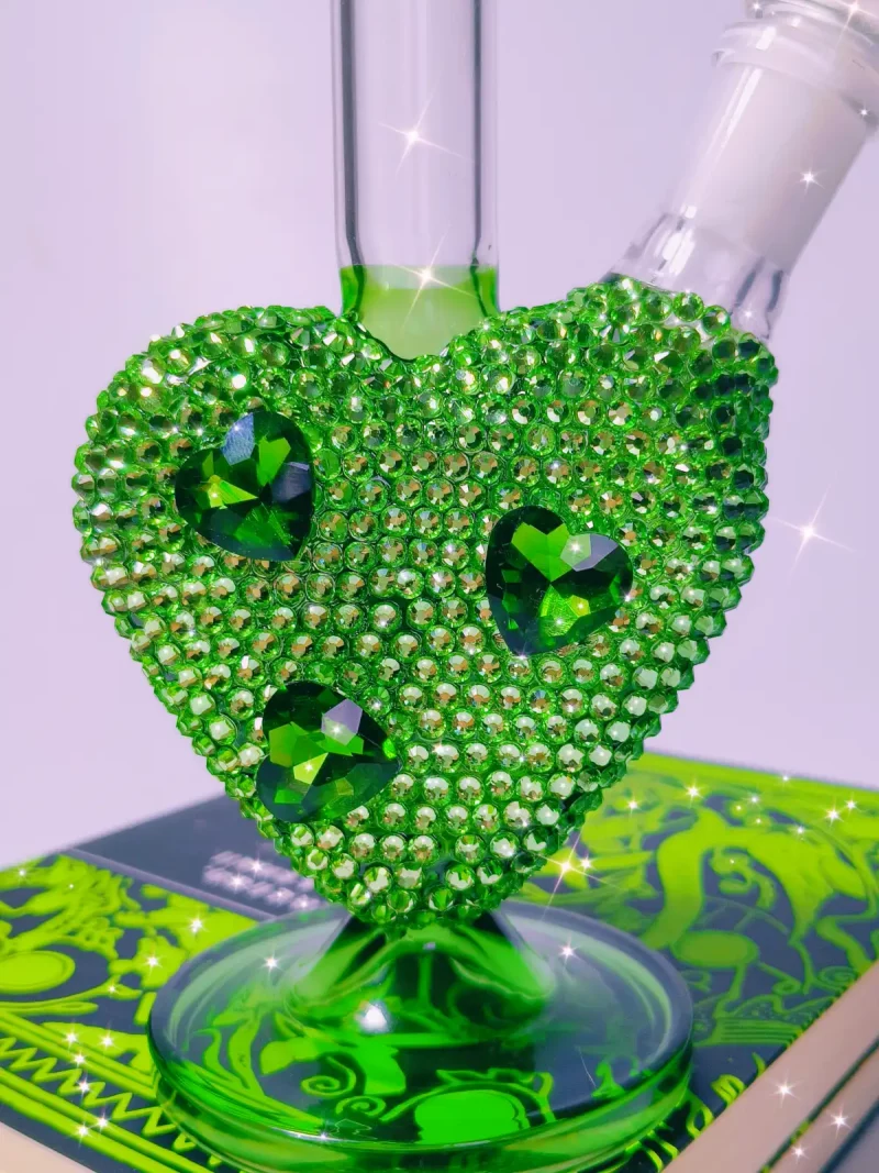 9.5″ Bling Green Heart Glass Bong with Sparkling Crystal Rhinestones