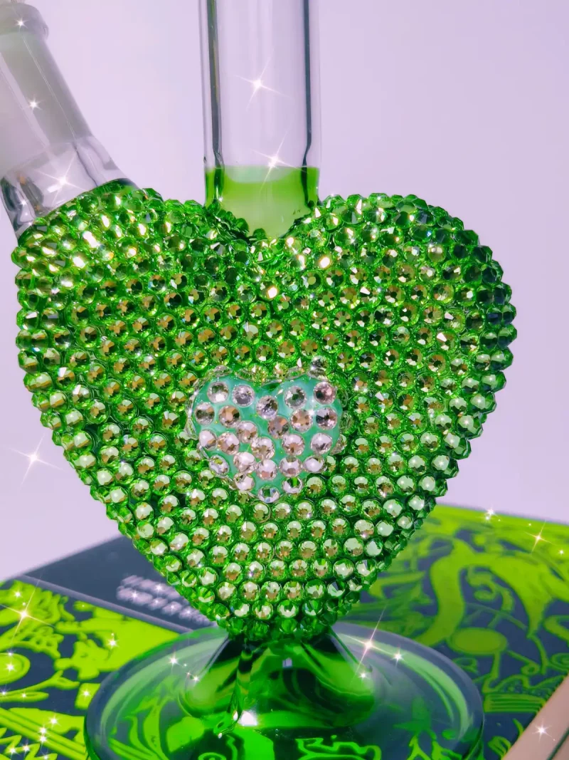 9.5″ Bling Green Heart Glass Bong with Sparkling Crystal Rhinestones